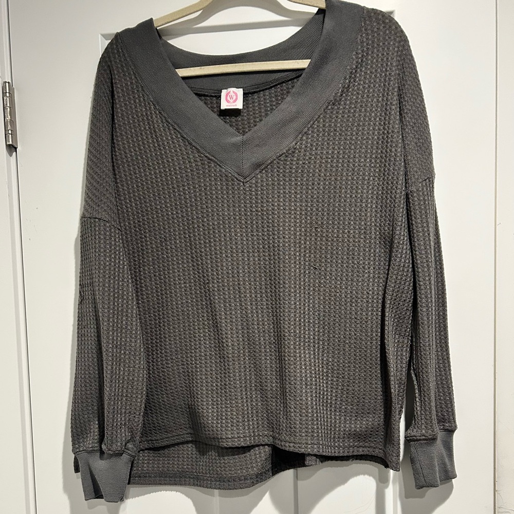 Cozy Charcoal V-Neck Long Sleeve Top